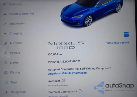 2017 Tesla Model S 100D/60D/75D/90D/P100D z USA, uszkodzony, nr VIN 5YJSA1E2XHF188691